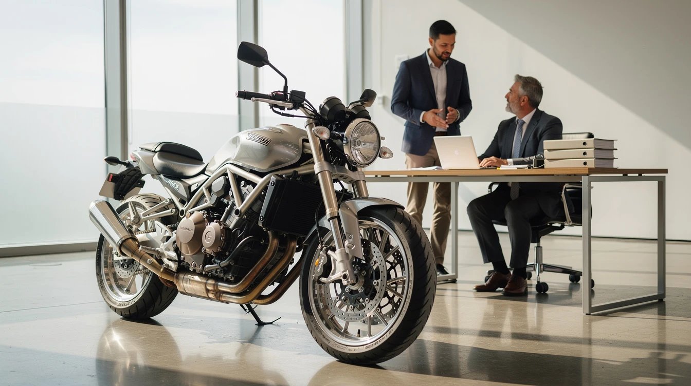Motorcycle displayed in modern office with business professionals discussing LLC vehicle ownership and liability protection