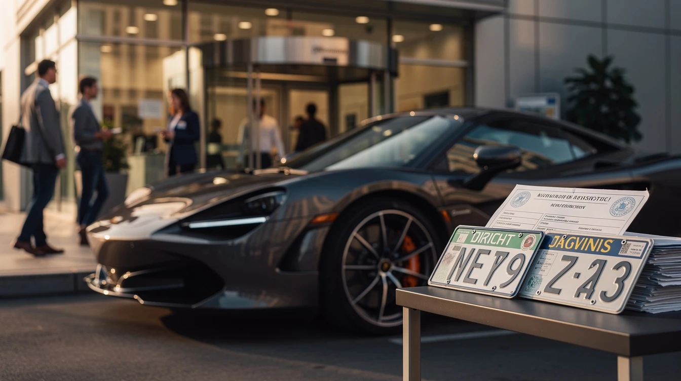 Silver McLaren sports car parked at DMV registration office with motorcycle