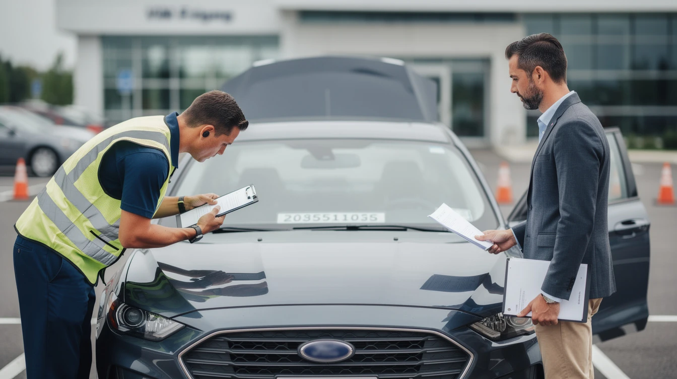 Inspector verifying vehicle identification number on dark sedan during out-of-state registration inspection