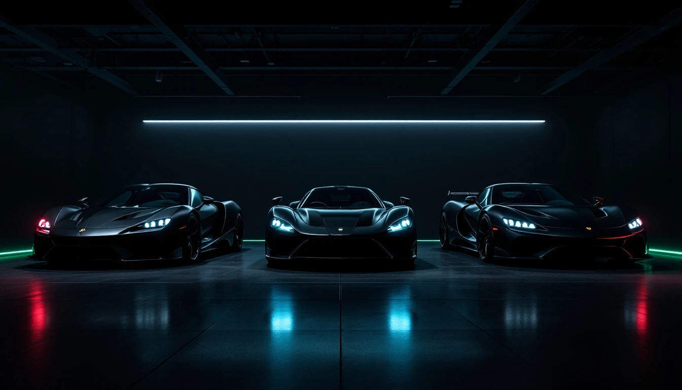 Three sleek supercars displayed in modern garage with neon lighting and polished floor