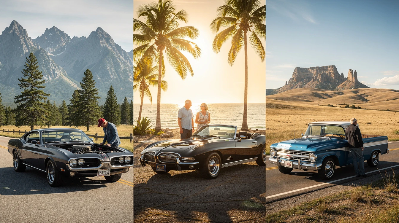 Classic cars parked in Montana mountains, Florida beach, and South Dakota plains for collector vehicle registration