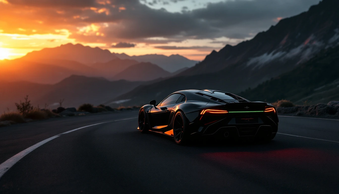 Sleek white supercar with orange accents parked on tree-lined road at sunset