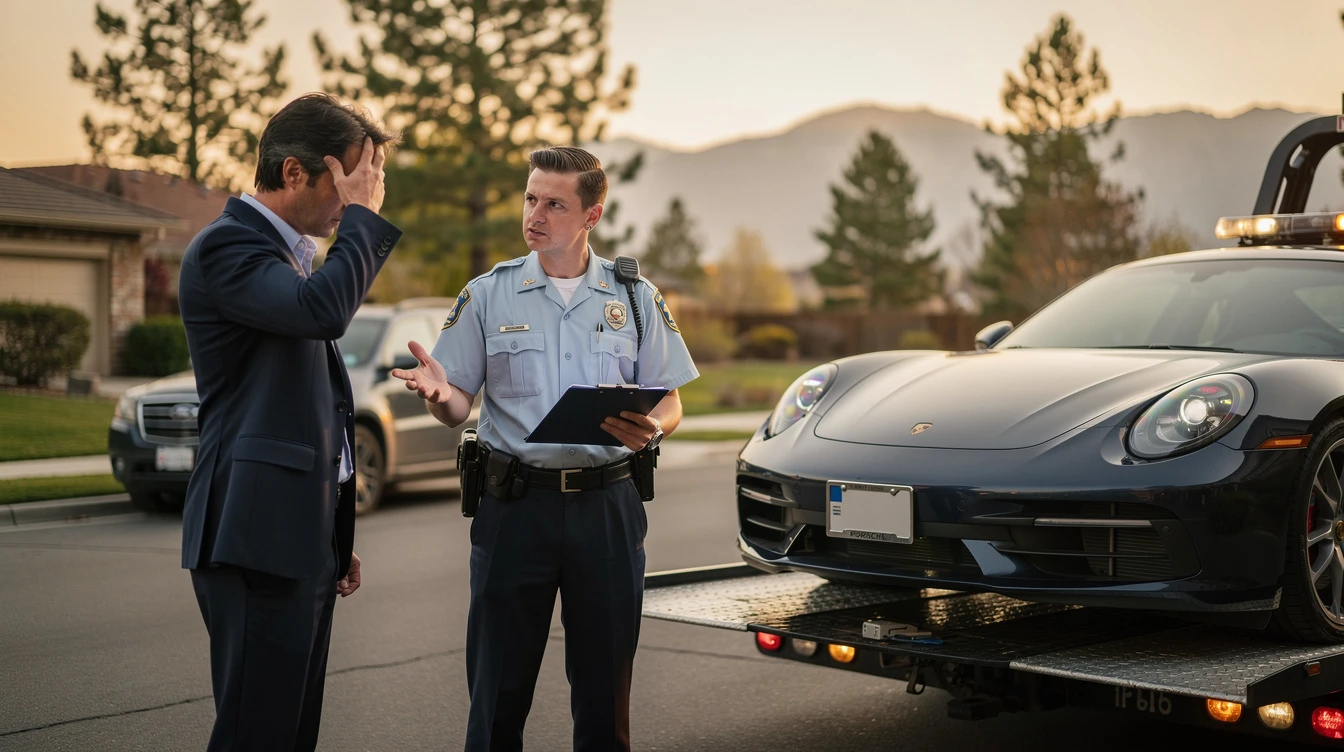 Police officer inspecting elevated sports car during roadside traffic stop in residential neighborhood setting
