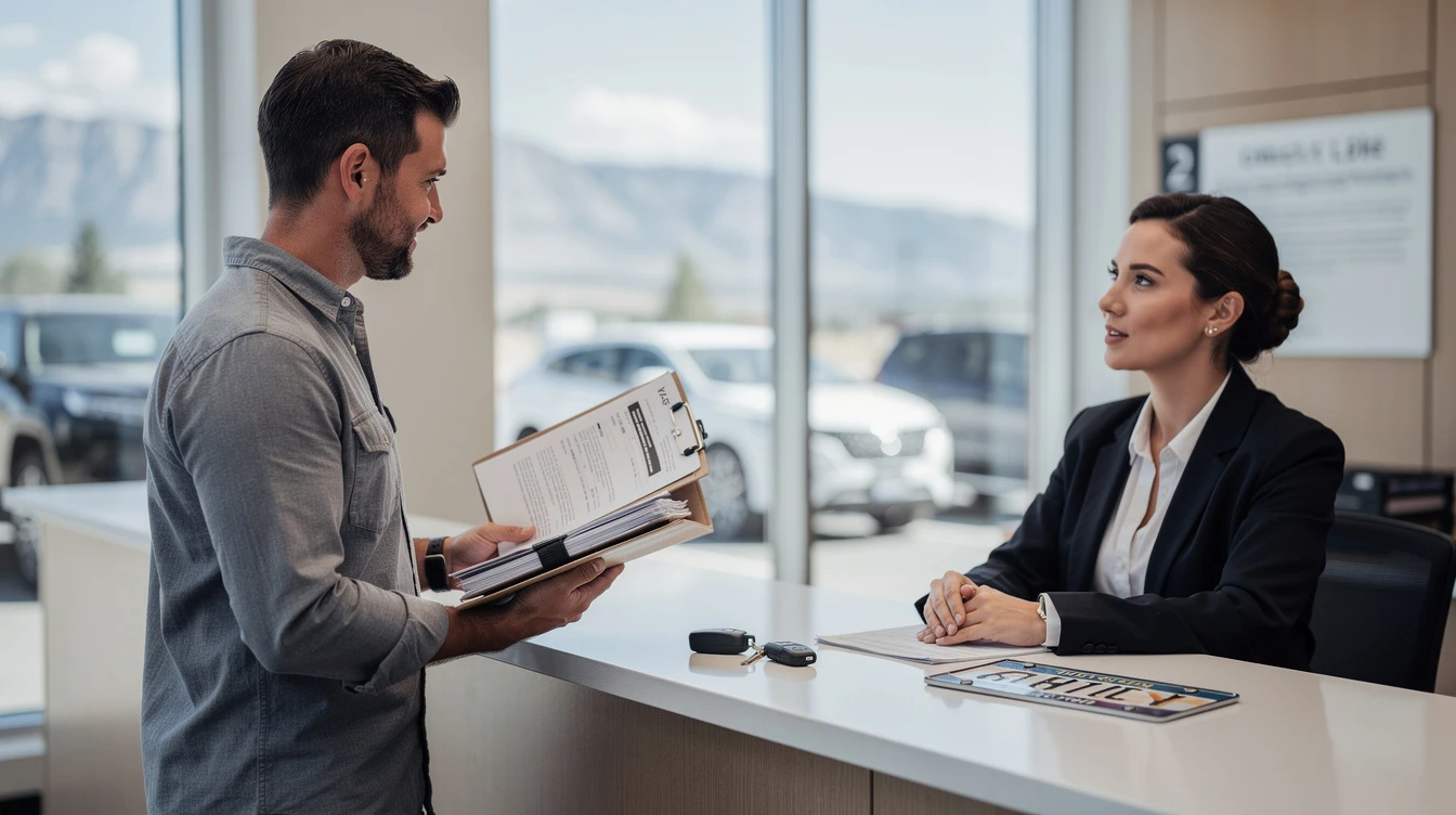 Man submitting vehicle registration documents at DMV counter to female agent in professional office setting