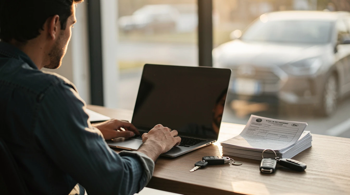 Man reviewing vehicle registration documents at desk with car keys and laptop near parked cars outside