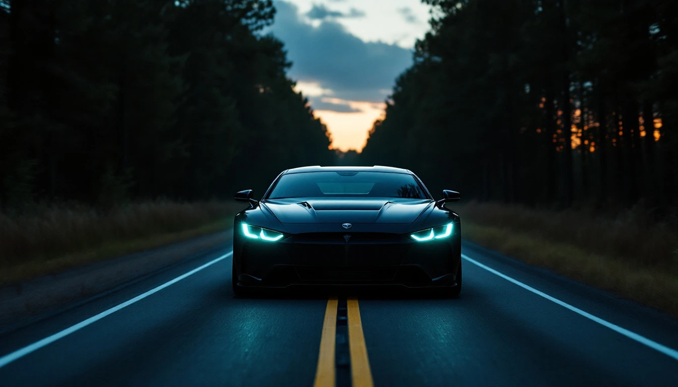 Black sports car driving on highway at dusk with headlights on, representing vehicle purchase and transportation costs