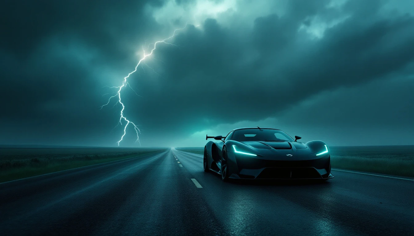 Sports car driving on highway during thunderstorm, illustrating Kansas severe weather driving conditions and safety laws