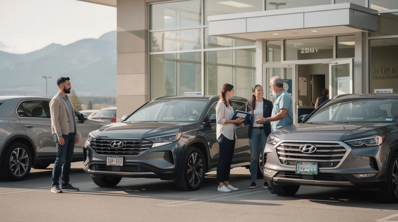 Hyundai SUVs displayed at dealership lot with salesman discussing out of state title transfer process with customers