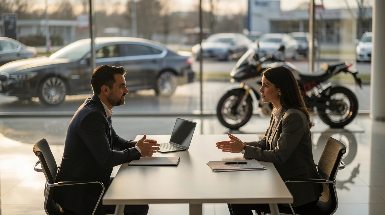 Two business professionals discuss car ownership strategy at dealership table with motorcycles and vehicles visible through