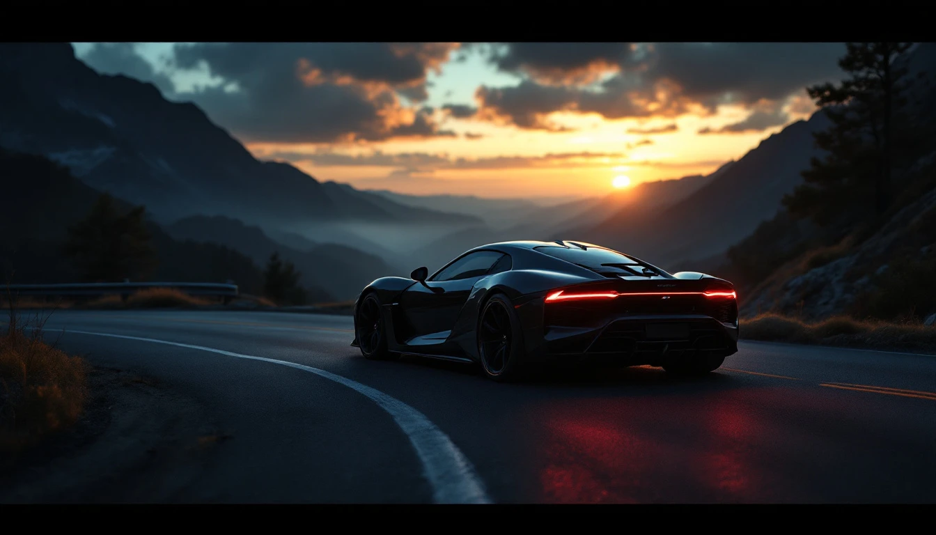 Black sports car driving on mountain road at sunset, symbolizing safe and legal highway travel guidance