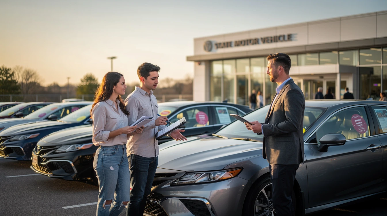Car dealership salesman assists couple reviewing vehicle purchase paperwork at used car lot