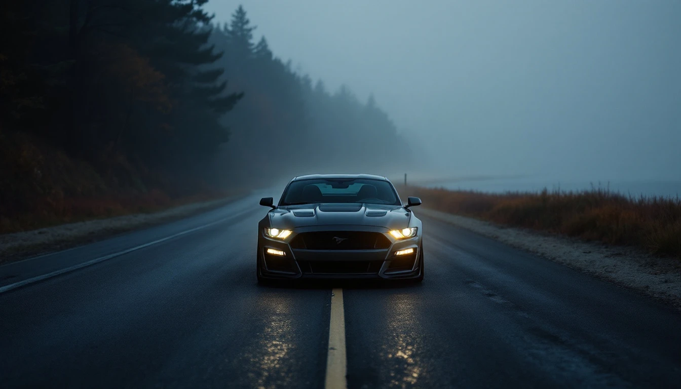 Dark Mustang sports car driving on wet highway at dusk with headlights on, illustrating Massachusetts road safety rules.