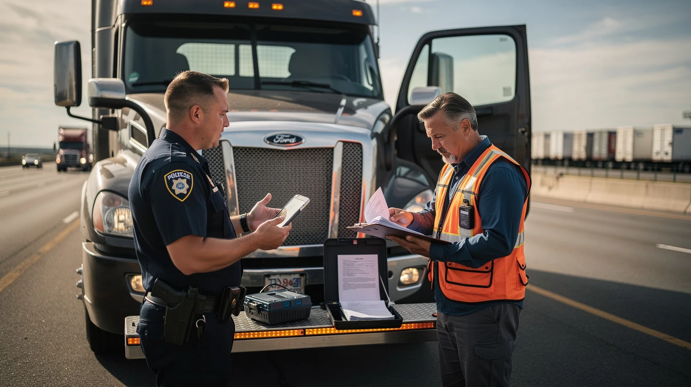 Police officer inspecting truck driver's registration documents during roadside traffic stop on highway.