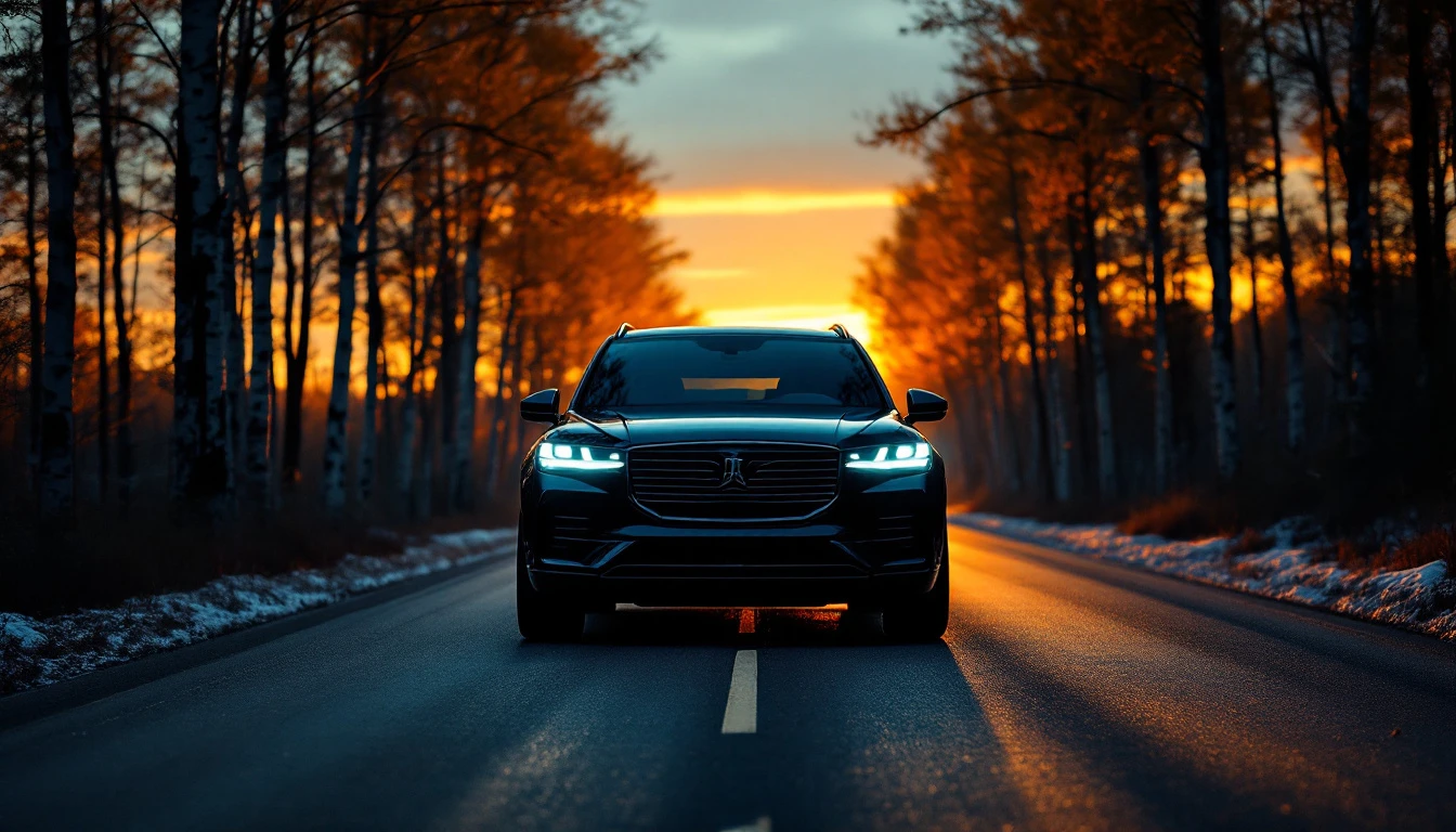 Black SUV driving on highway at sunset through tree-lined road, Wisconsin driving laws concept