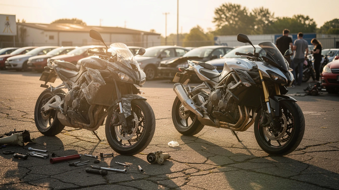 Two motorcycles with repair tools displayed at salvage auction lot showing title branding impact on vehicle condition