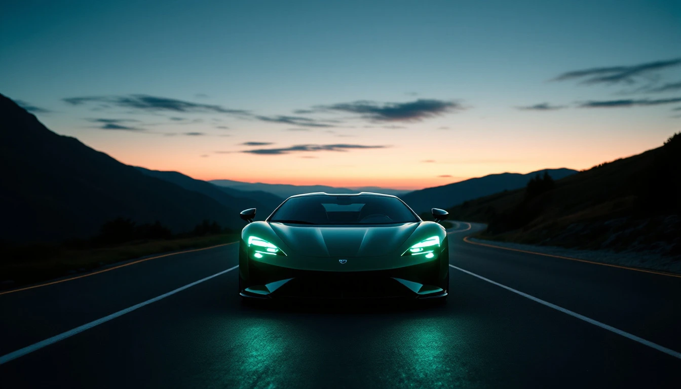Elevated sports car with glowing headlights on mountain highway at dusk