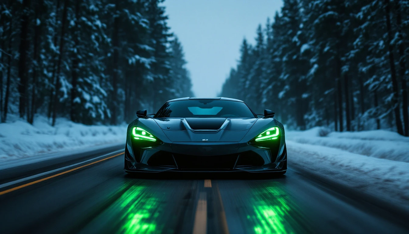 Sleek sports car with glowing green headlights driving on snowy winter road through forest