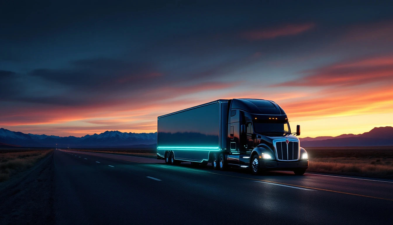 Modern semi-truck with glowing trailer driving highway at sunset
