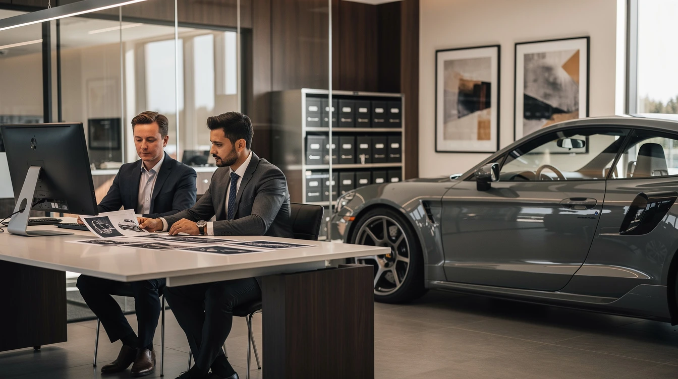 Two businessmen reviewing specialty car registration documents at desk with elevated sports car displayed in modern showroom