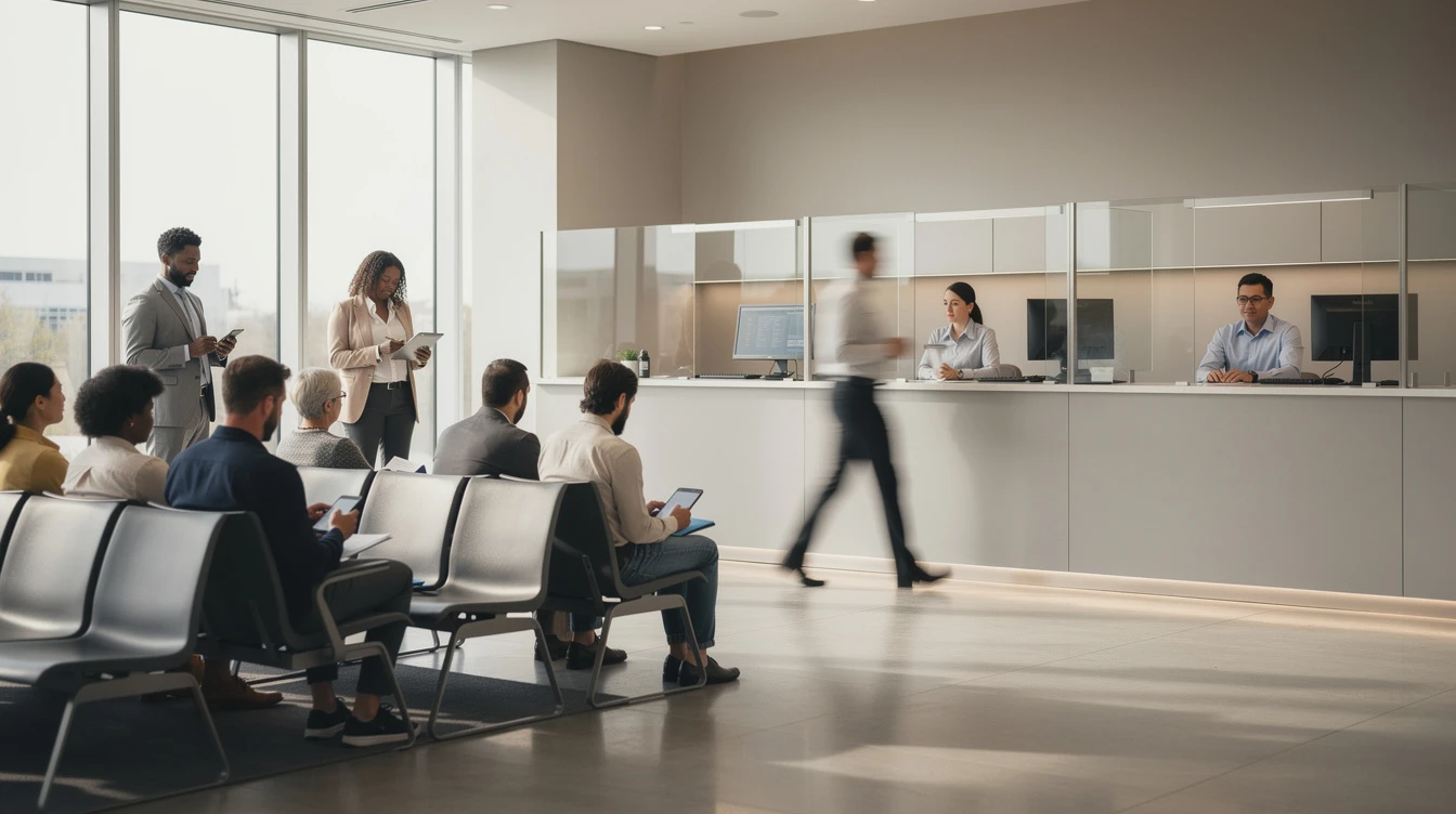 Modern office waiting room with diverse people seated, representing efficient customer service and administrative processes