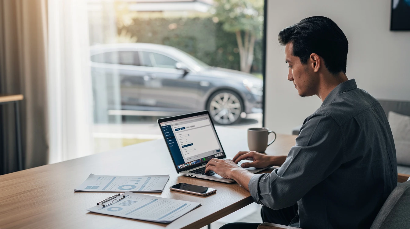Man working on laptop completing car registration paperwork online from home office with vehicle visible outside