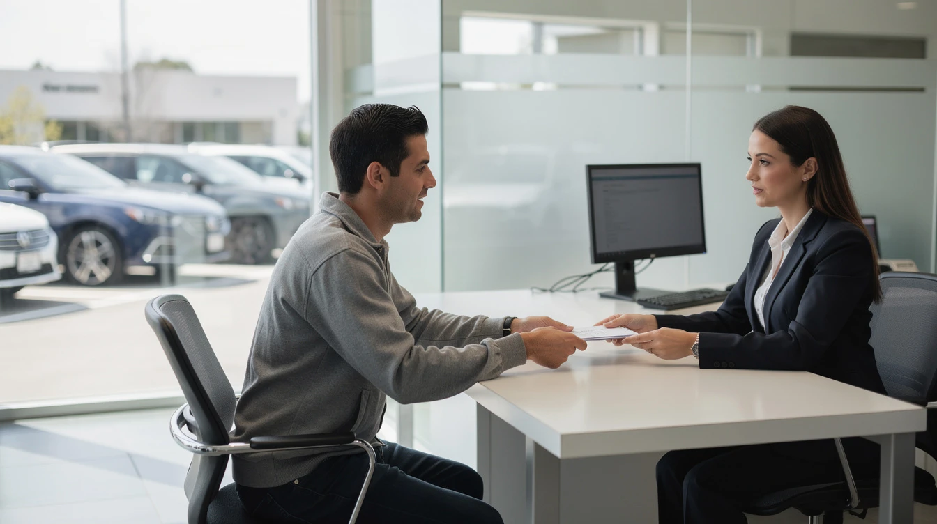 Car salesperson handing paperwork to male customer at dealership office with vehicles visible through glass window.