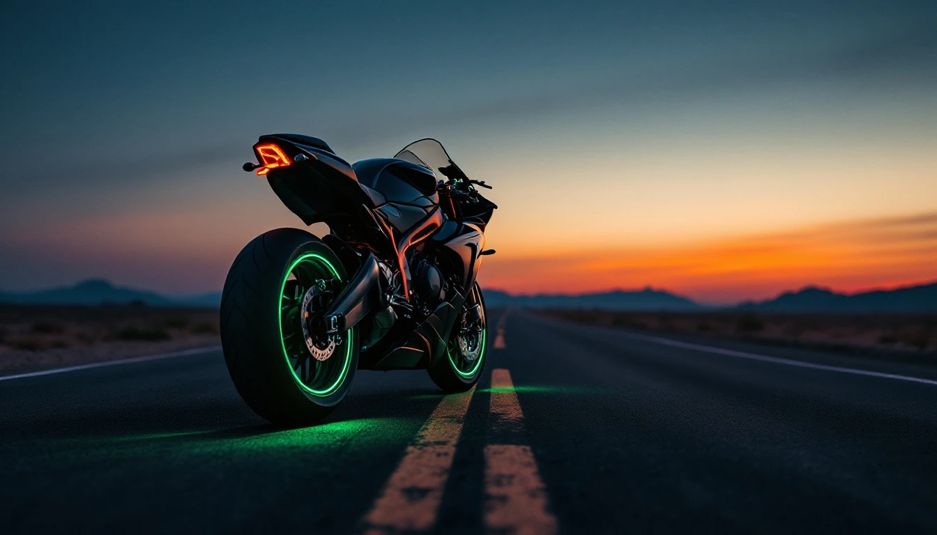 Motorcycle parked on urban street at dusk with temporary registration tags and city lights in background
