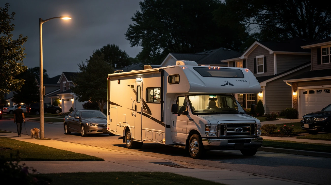 RV and motorhome parked overnight on residential street in suburban neighborhood with houses and streetlight.