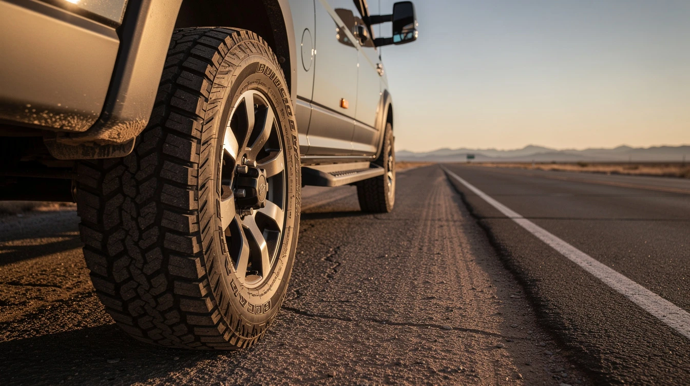 Close-up of heavy-duty RV wheel on desert highway showcasing durable tire engineering for long-distance travel