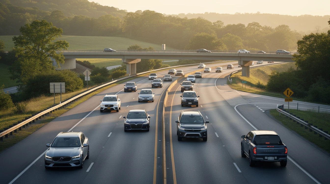 Sleek sports car driving on wet forest road at dusk, illustrating highway safety and vehicle operation standards.