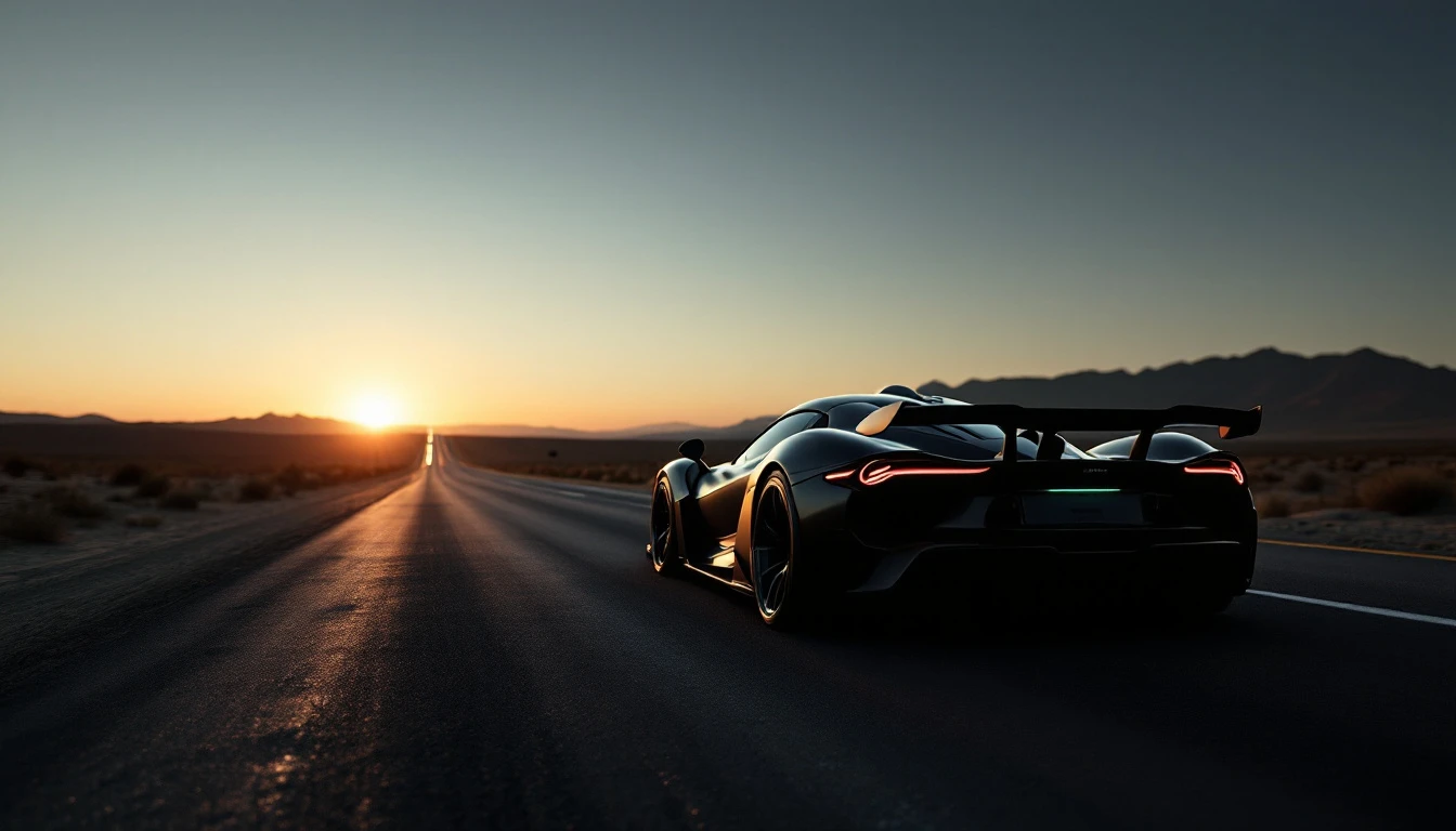 Black supercar accelerating on desert highway at sunset, showcasing high-performance track-ready vehicle on open road