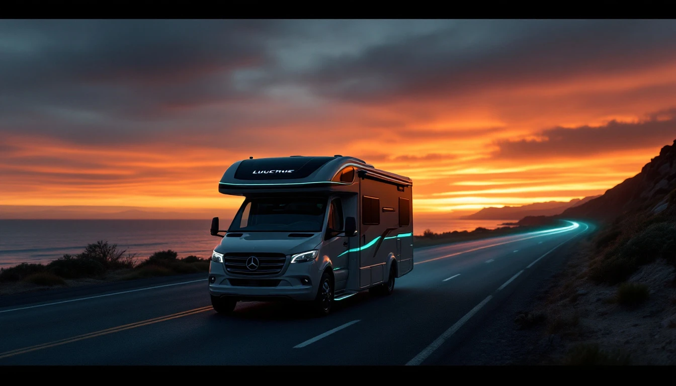 Elevated Mercedes RV camper van driving coastal highway at sunset, representing modern recreational vehicle innovation