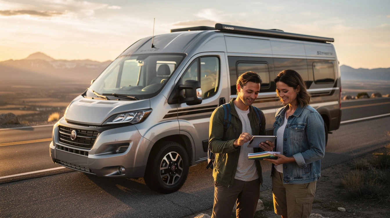 Couple reviewing RV registration documents beside camper van at scenic mountain overlook at sunset