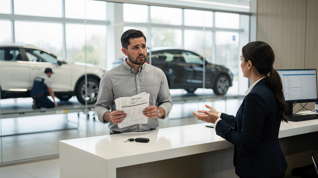 Motorcycle dealer handing registration documents to customer at dealership showroom