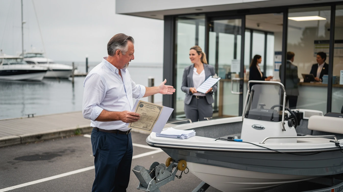 Boat dealer presenting registration documentation to clients at waterfront marina with vessels docked in background.