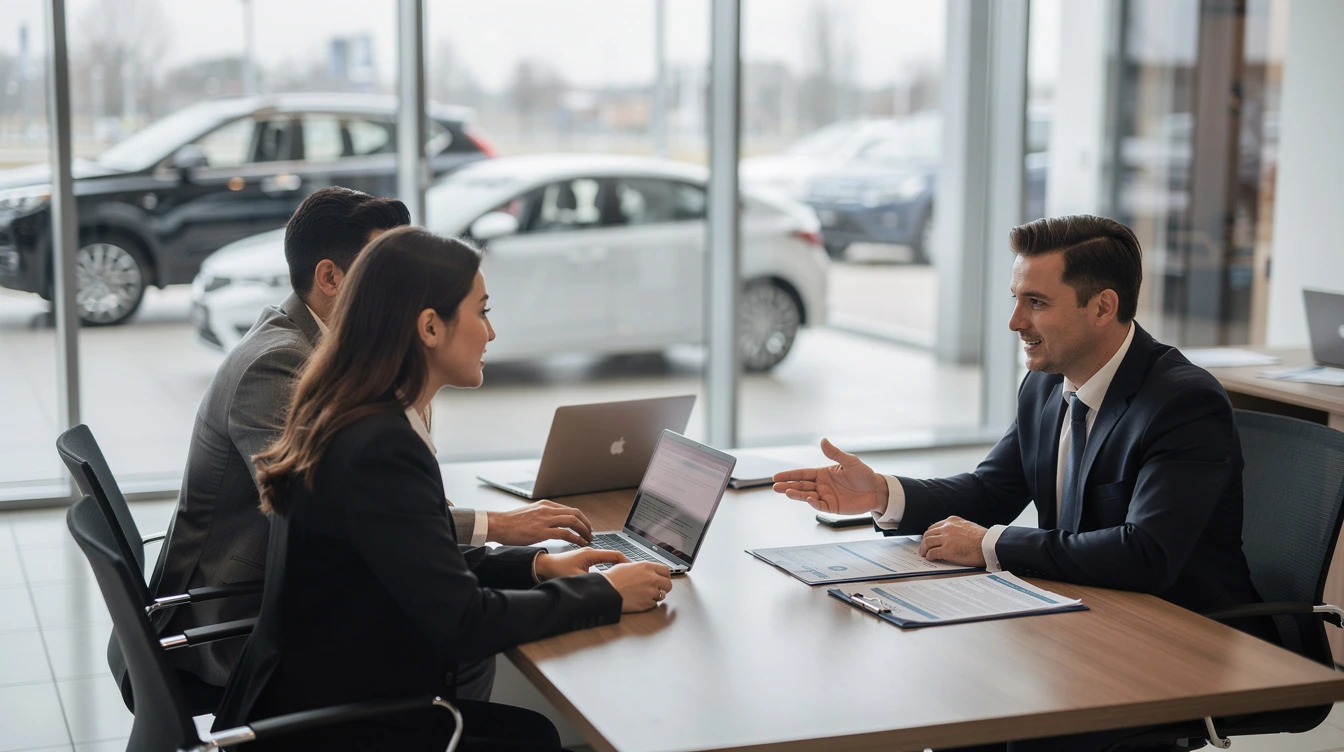Car dealership sales consultant discussing vehicle purchase and tax implications with customer at office desk