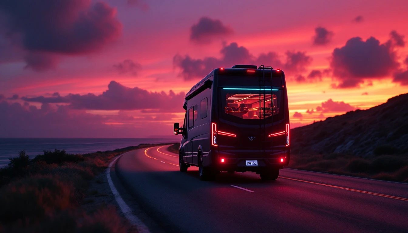 Modern RV traveling coastal highway at sunset, symbolizing affordable motorhome ownership and travel lifestyle savings