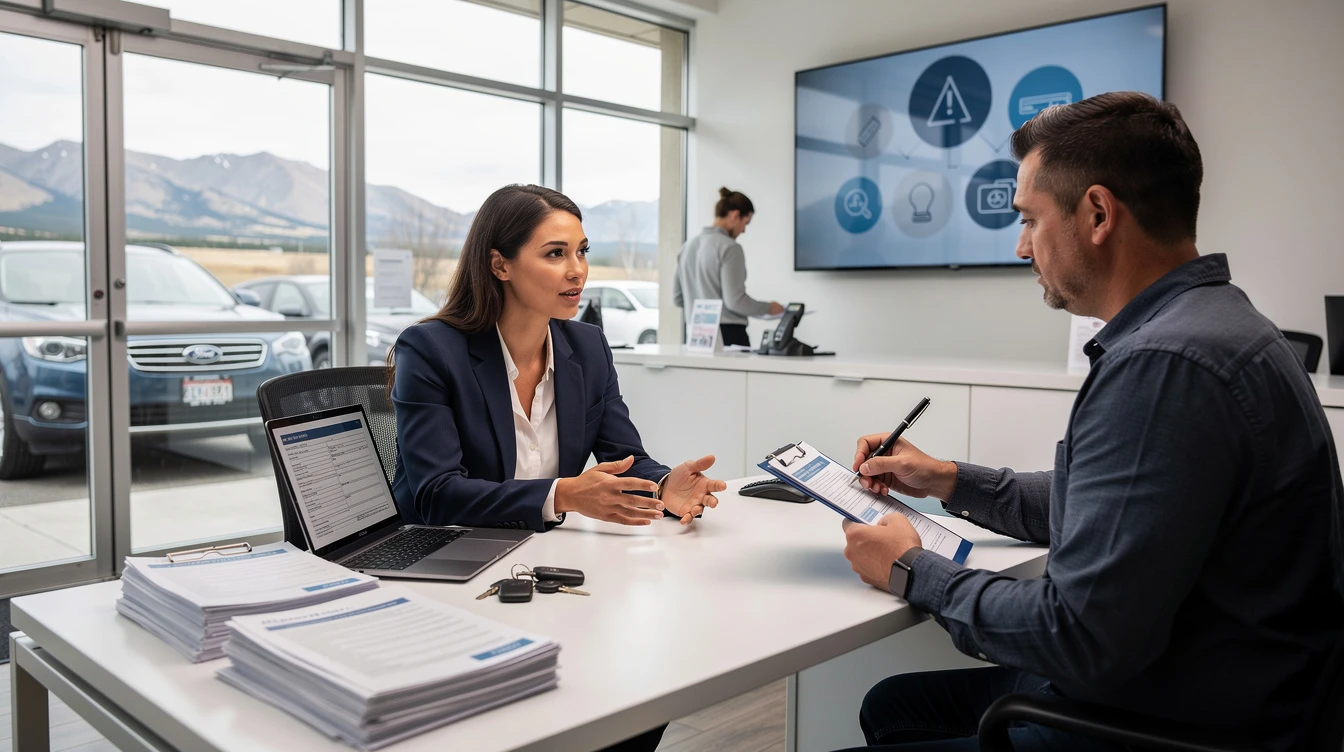 Professional woman assisting male customer with Montana LLC vehicle registration paperwork at dealership office desk