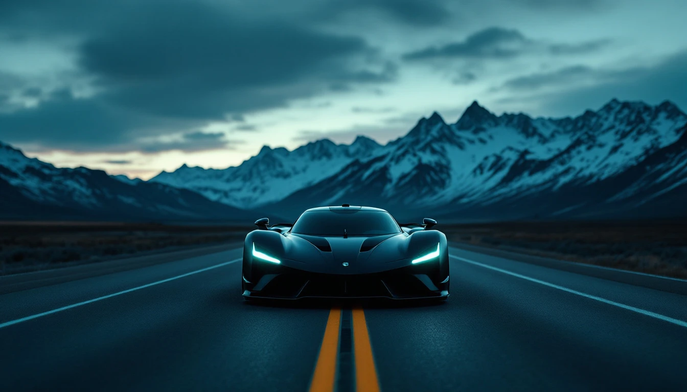 Black sports car driving on desert highway with snow-capped mountains