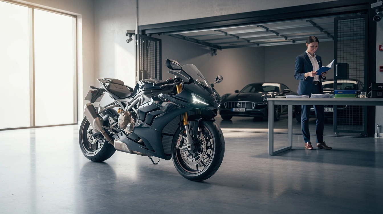 Elevated sportbike displayed in modern showroom with professional reviewing vehicle registration documentation