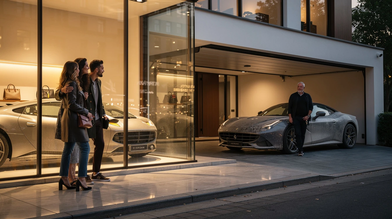 Elevated sports car showroom with customers viewing elevated automotive assets and ownership experience displayed