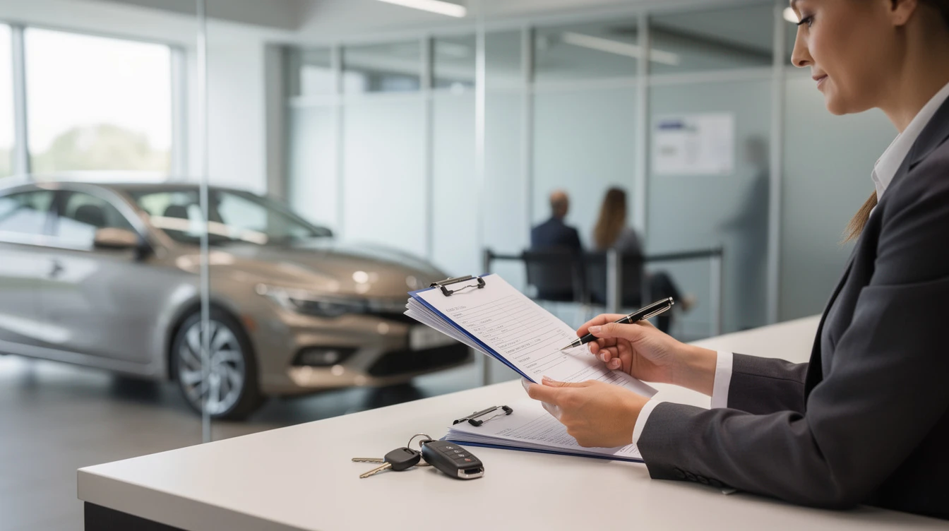 Female car salesman reviewing vehicle documentation and paperwork at dealership desk with keys and automobiles displayed.