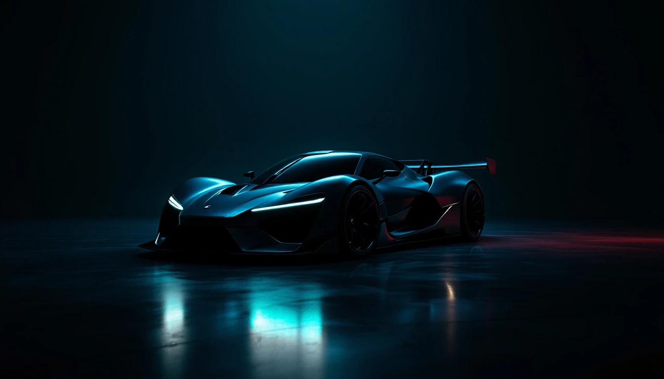 Futuristic blue supercar with aggressive aerodynamics displayed under dramatic lighting