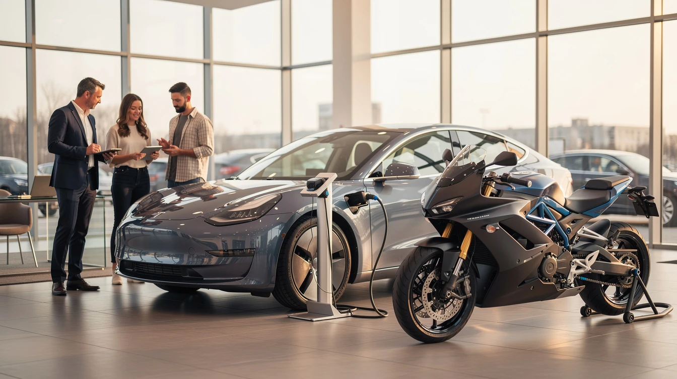 Modern electric vehicle and motorcycle displayed in dealership showroom with professionals discussing tax incentives and EV