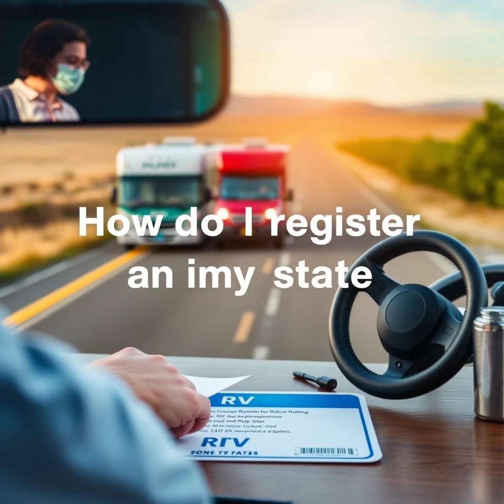 RV registration document displayed on dashboard with trucks on highway