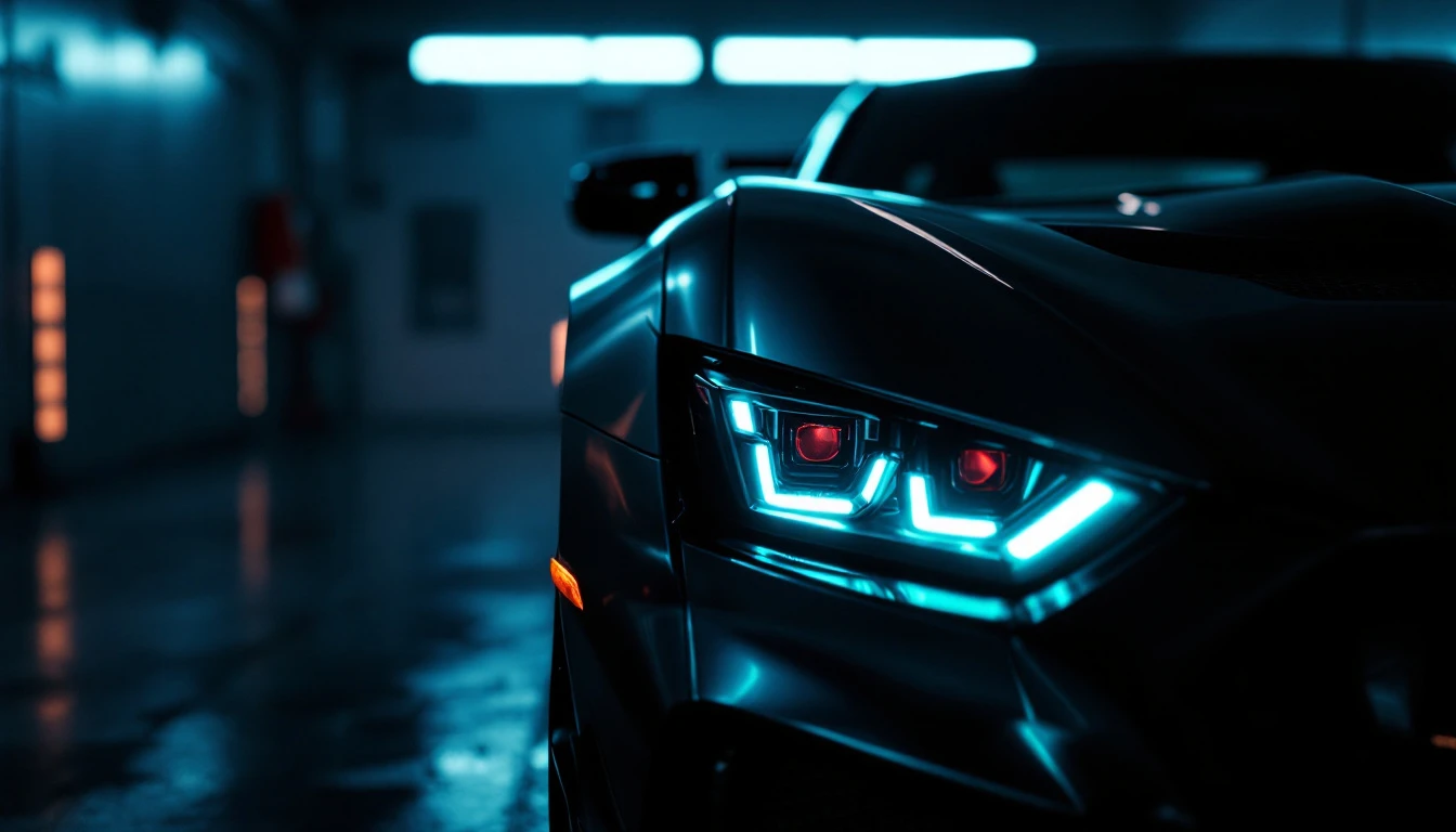 Modern car with glowing cyan headlights in garage, representing vehicle registration and compliance for tax season audit