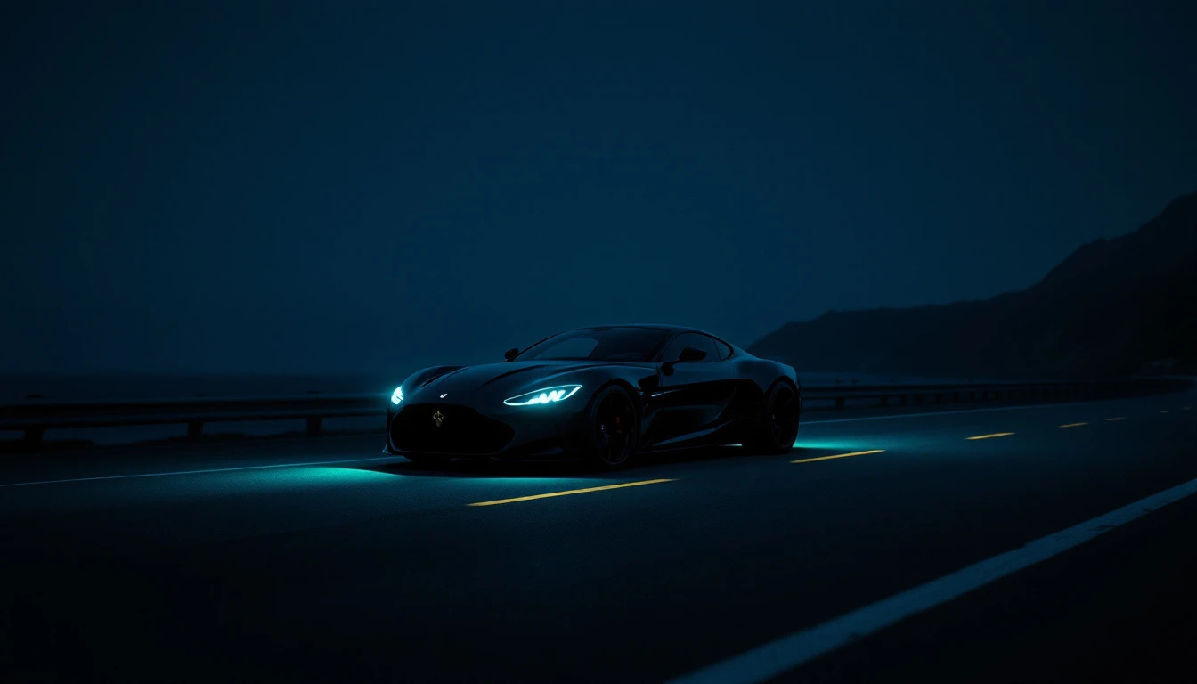 Modern sports car with LED headlights on night highway, representing classic car modernization and performance upgrades.