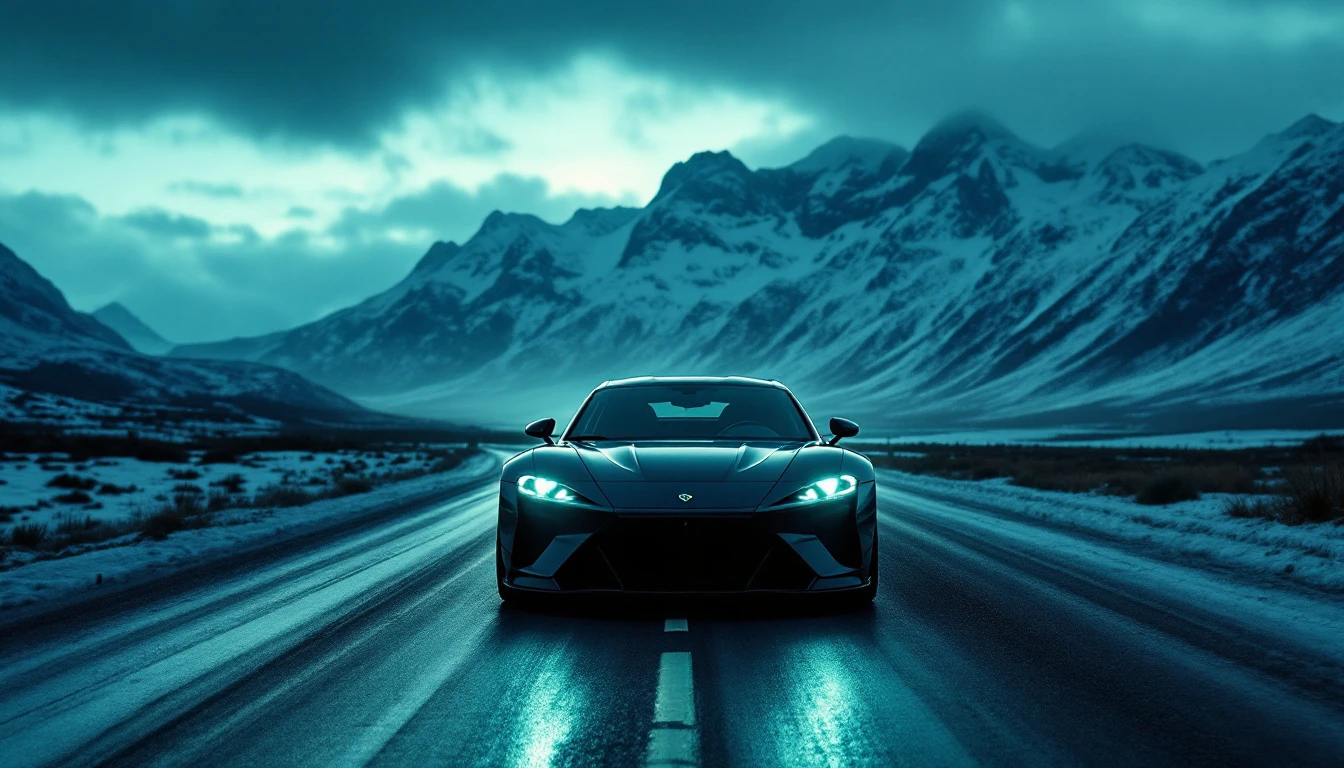 Black sports car driving on wet mountain road in Alaska under dramatic cloudy sky
