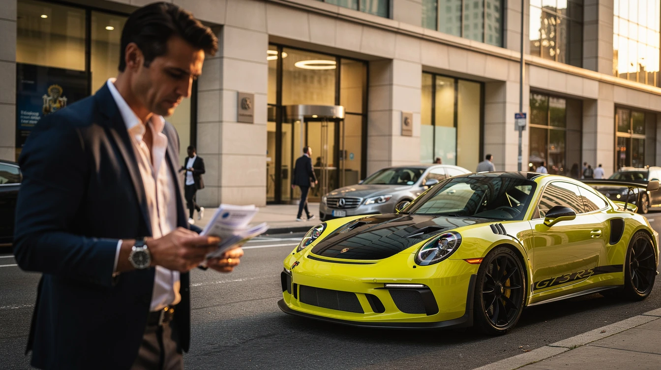 Businessman reviewing documents beside bright yellow Porsche 911 GT3 RS on urban street