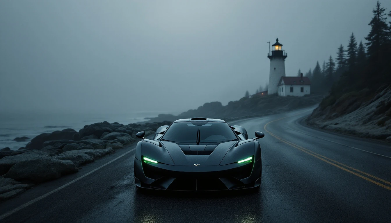 Black sports car driving on coastal Maine road with lighthouse and rocky shore in foggy evening light.